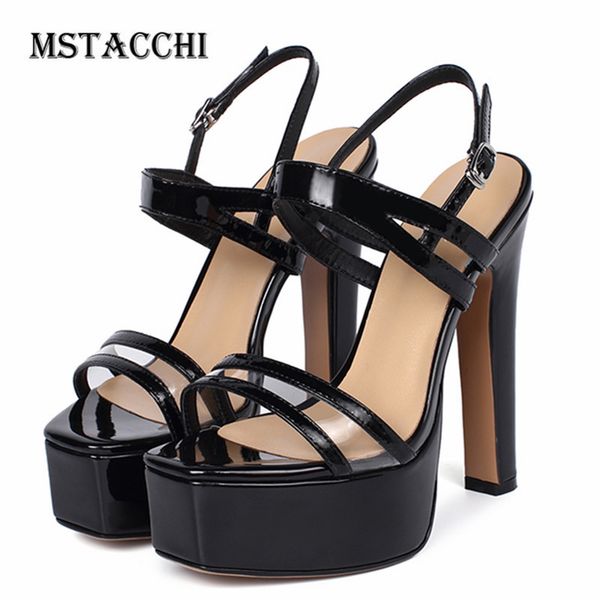 

mstacchi sandals women fashion thick bottom buckle high heel shoes lucency pvc leather chunky heel women shoes new style sandals, Black