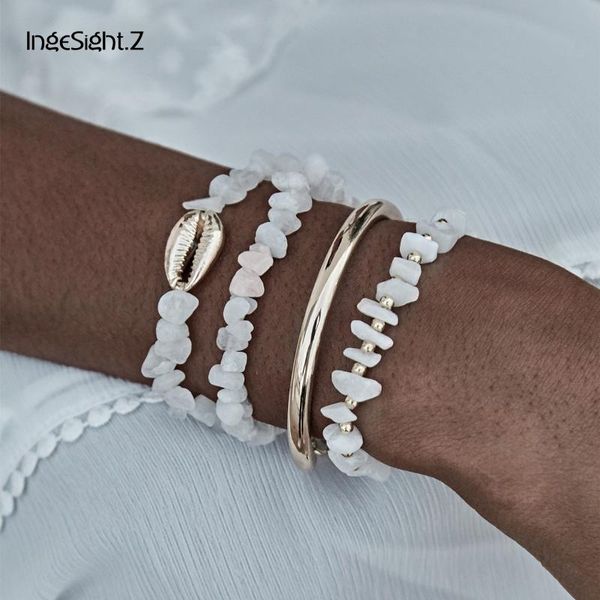 

ingesight.z 4pcs/set charm natural stone bracelets bangles bohemian alloy shell wrist chain bracelet set for women girls jewelry, Golden;silver