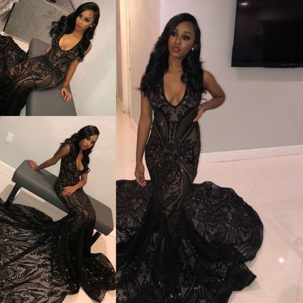

sequin black mermaid prom dress with long train v-neck illusion african formal dresses 2k20 plus size gala evening dress, Black;red