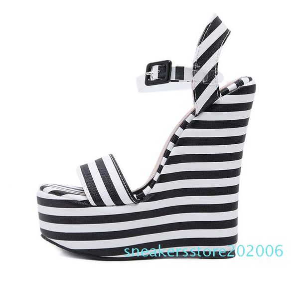 

15cm chic platform wedges sandals black white zebra striped pvc strappy shoes designer high heel size 35 to 40 s06