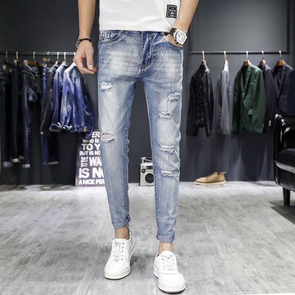 

весна эластичность с дыры denim (щиколоток штаны) мужчины корейском стиле trend тонкий fit брюки мужские костюмы мужские, Blue