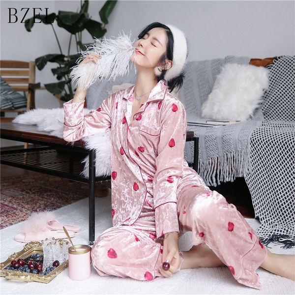 

bzel winter pajamas set cartoon strawberry sleepwear flannel home wear long-sleeved underwear turn-down collar home cloth 2pcs, Blue;gray