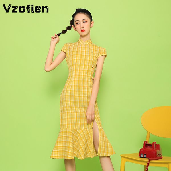 

fashion plaid modern cheongsam women summer short sleeve yellow qipao retro chinese traditional fishtail slim qipao dresses, Red