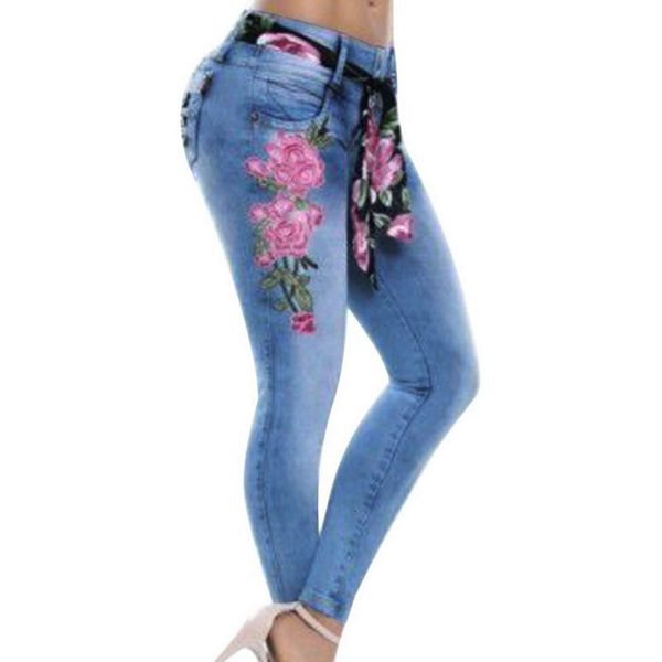 

women designer jeans women designer pants women stretch high waist skinny floral print embroidery jeans pants trousers pencil plus size, Blue