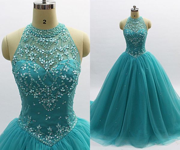 

Real Photo Sparkly Кристалл Quinceanera Пром платья 2020 Sheer шеи бальное платье Тюль Hollow Назад С Zipper Дешевые вечерние платья Сладкий 16