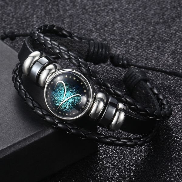 

davieslee 12 horoscope men's leather bracelet stainless steel beaded aries libra zodiac charm bracelet men jewelry gifts dlbm137, Black