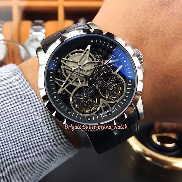 

version excalibur rddbex0396 skeleton dial double tourbillon mechanical hand-winding mens watch steel case leather designer watches, Slivery;brown