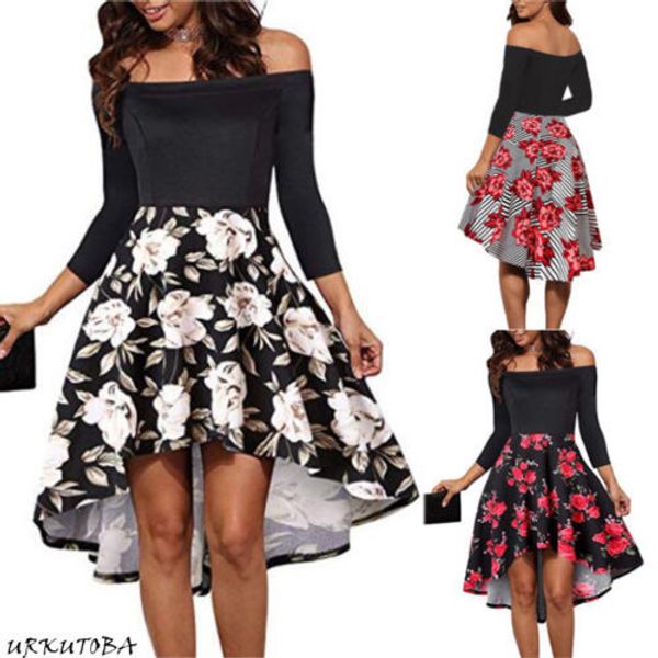 

women's summer floral off-shoulder party cocktail swing short dress, Black;gray