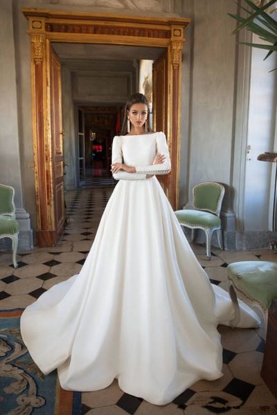 

long sleeve vintage wedding dresses 2020 new design custom selling sweep train a-line satin country bridal gowns vestidos de novia w613, White