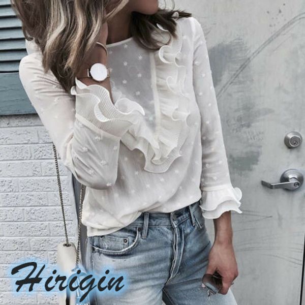 

summer women clothes 2019 new summer women's ruffle frill casual long sleeve loose fashion lace t-shirts, White