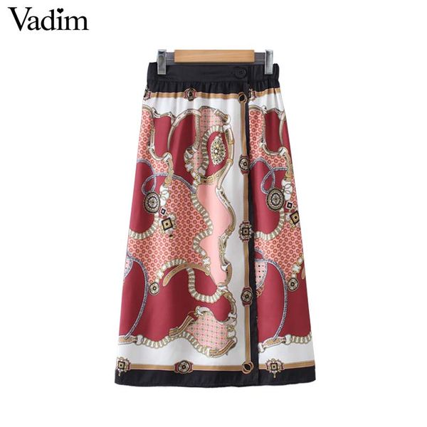 

vadim women chic chains print midi skirt faldas mujer elastic waist split vintage female casual mid calf skirts ba299, Black