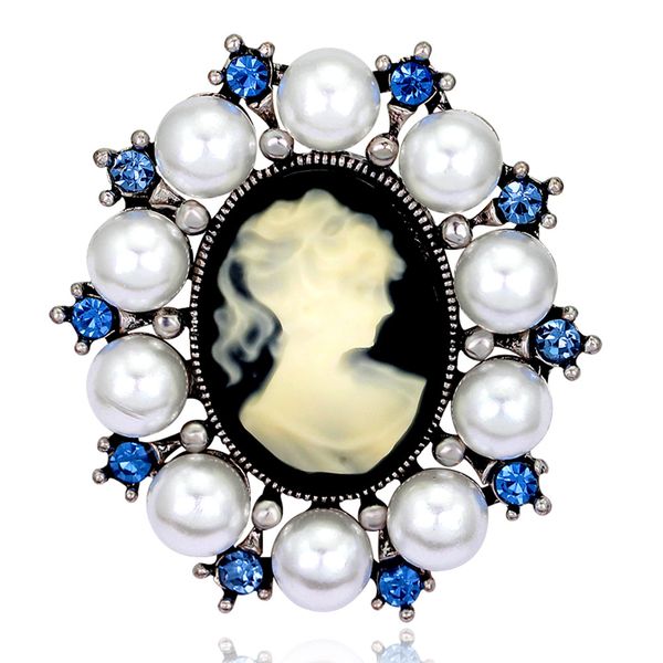 

rhinestone's new vintage beauty head brooch alloy-encrusted pearl brooch pin stousten wholesale, Gray