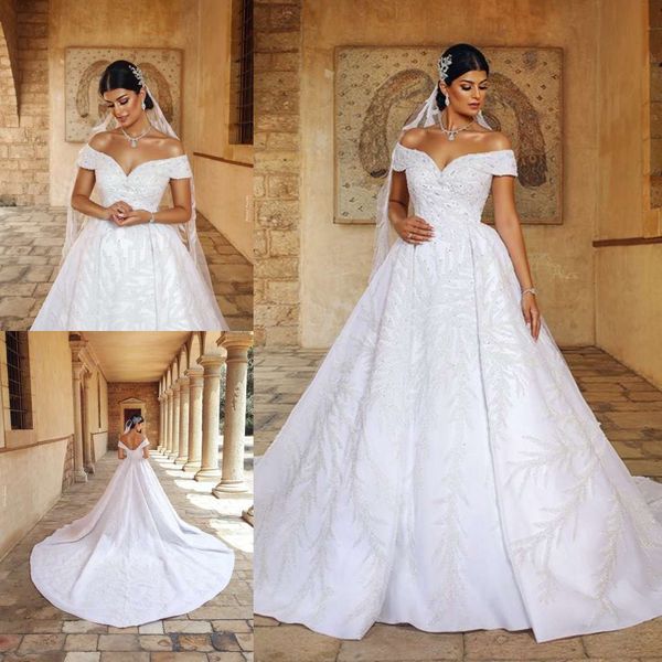 

luxurious modern satin wedding dresses 2019 off shoulder sweep train appliques bridal gowns customized plus size big ball gown wedding dress, White