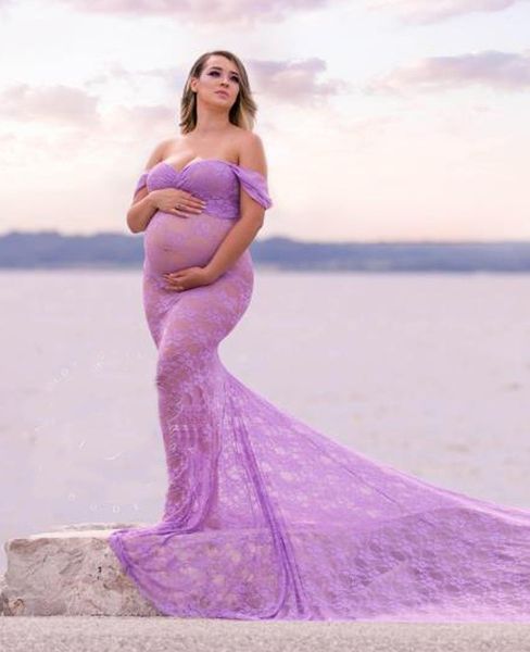 

2019 new women's pregnant prom dress drop shoulder sweetheart trumpet mermaid long lace pregnancy clothes maternity dresses for p shoot, Black