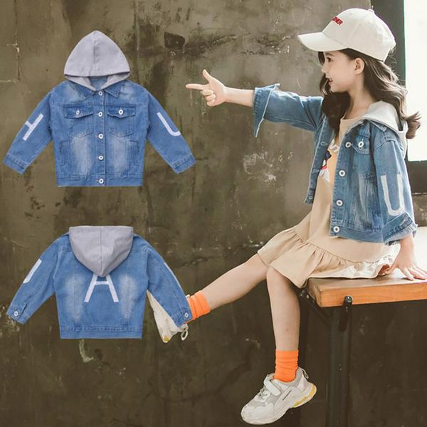 

2019 childrens' jacket autumn new coat for girls children's hooded letters denim jacket children outerwear teens clothes, Blue;gray