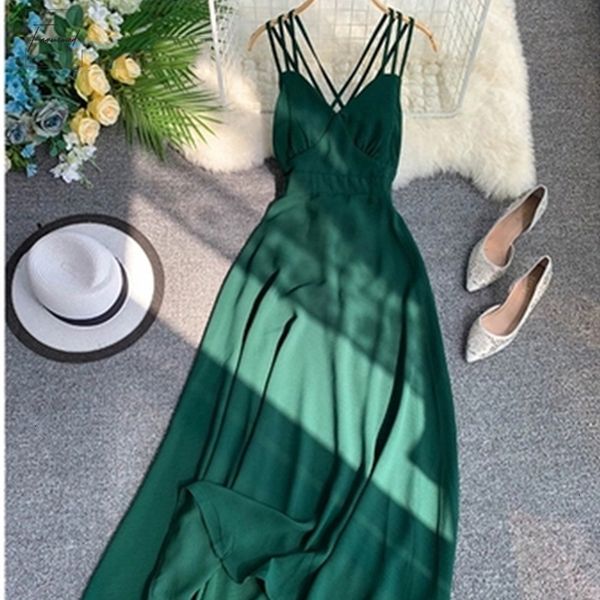 

2019 summer solid dress green spaghetti strap beach vintage v neck sleeveless party maxi dress elegant vocation vestidos, Black;gray