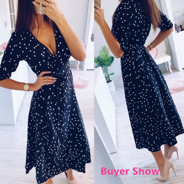 

aachoae women polka dot long dress boho v neck split maxi party dress three quarter sleeve casual bandage wrap dresses, Black;gray