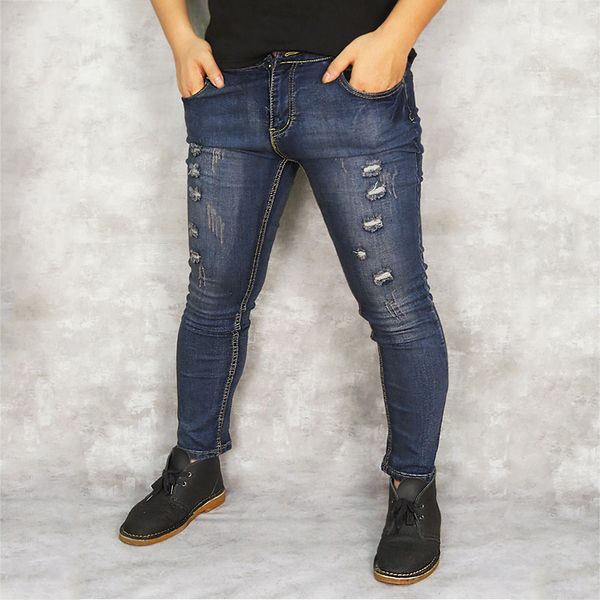 

gumprun men's jeans retro hole street dress jeans men stretch straight hip hop stitching skinny fashion casual wild, Blue