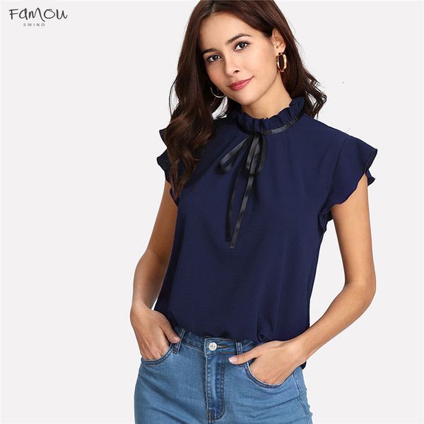 

Bow Tied Frilled Neck Button Back Shirt Spring Stand Collar Sleeveless Women Chiffon Blouse Stand Collar Navy Casual Work Blouse