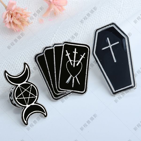 

magic card tombstone cross five-pointed star black sword love creative brooch lapels denim clothing ornament badge combination, Gray