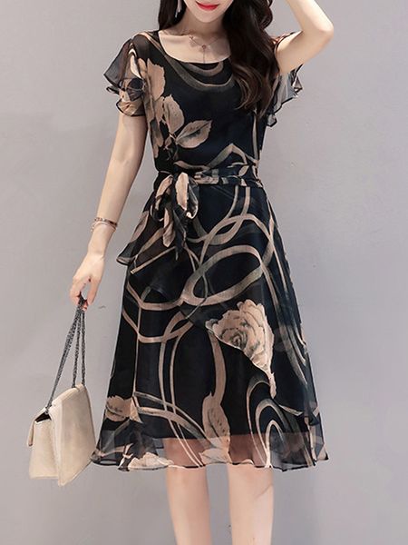 

летнее платье печати шею с коротким рукавом в миди, White;black