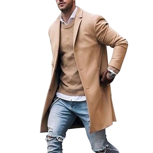 

litthing 2019 men trench coat winter slim pea wool coat male leisure long sections coats soild color casual fashion overcoats, Black