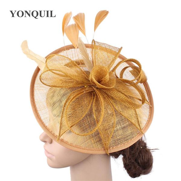 

золото sinamay шляпы перо цветок fascinators для партии шляпы свадебные аксессуары для волос свадебный коктейль шляпы высокого качества syf2, White