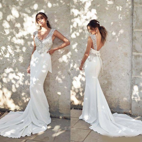 

2020 new mermaid wedding dresses lace appliqued beaded v neck bohemian beach bridal gowns country garden cap sleeve wedding dress, White