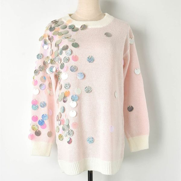 

luxury designer brand knitted sweater for women o neck sequined knitted pullovers pink, White;black