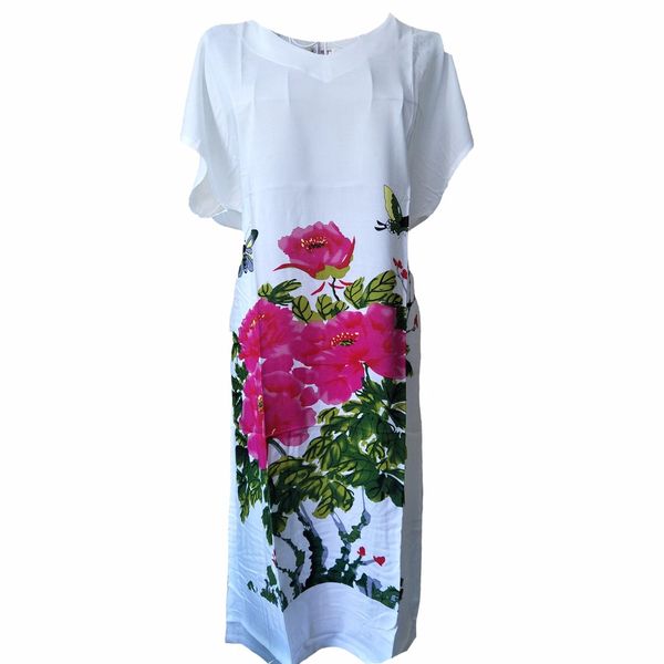 

chinese style women flower cotton robe dress vintage print nightwear bathrobe white v-neck nightgown sleepwear, Black;red