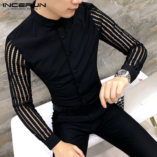 

incerun korean casual men solid color lapel long sleeve lace patchwork dress shirt clubwear party slim shirt fashion mens blouse, White;black