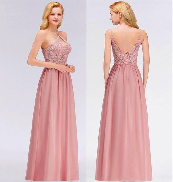 

meat pink chiffon bridesmaids dresses for summer weddings a line halter neck v cut backless long maid of honor gowns custom mad, White;pink