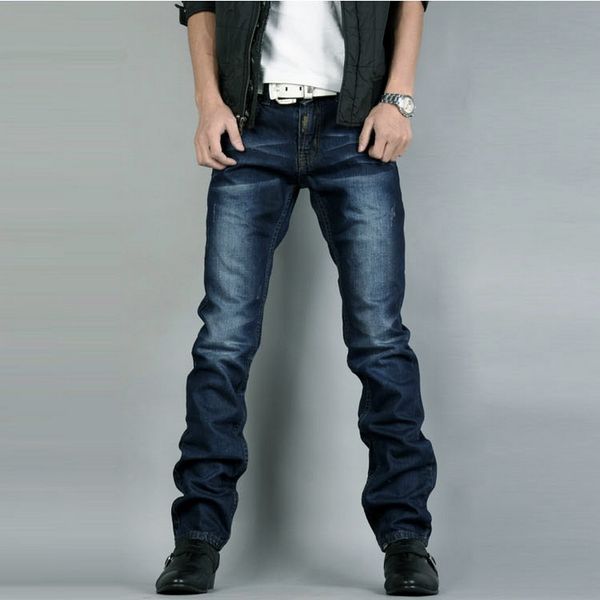 

new winter fleece casual stretch straight slim jeans men's fashion solid warm jeans classic trousers dark blue male denim pants
