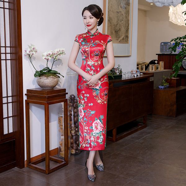 

rayon traditional chinese women simple dress vintage lady floral long qipao summer cheongsam plus size 4xl, Red