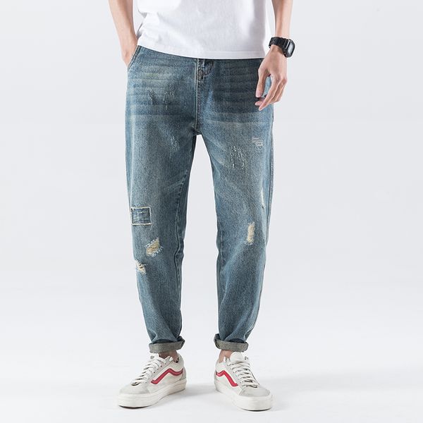 

new 2019 blue hole ripped baggy hip hop streetwear skateboarder denim loose fit