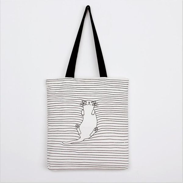 

women canvas cat printing shoulder bags solid color large capacity multi-purpose handle women shopping bags