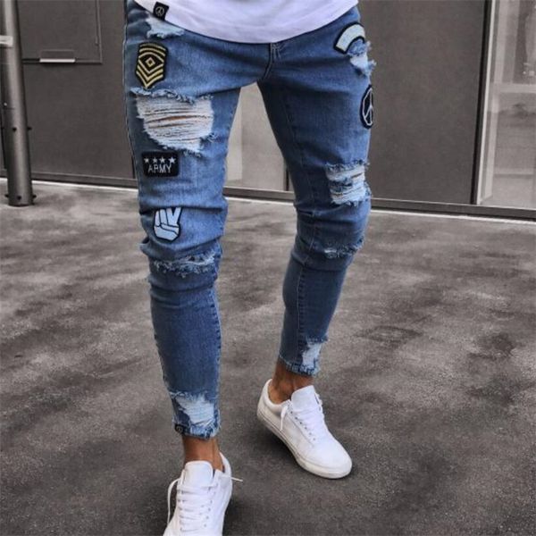 

men stretchy ripped skinny jeans biker embroidery print jeans destroyed hole taped slim fit denim scratched, Blue