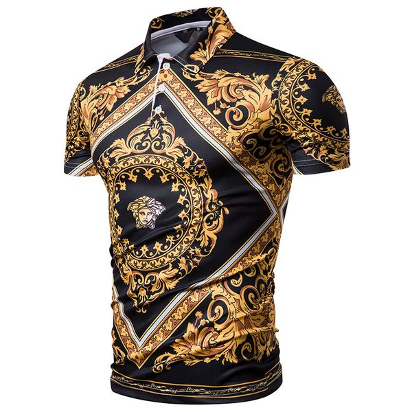 

2019 summer new style men europe and america palace style printed short sleeve shirt fold-down collar short sleeve t-shirt, White;black