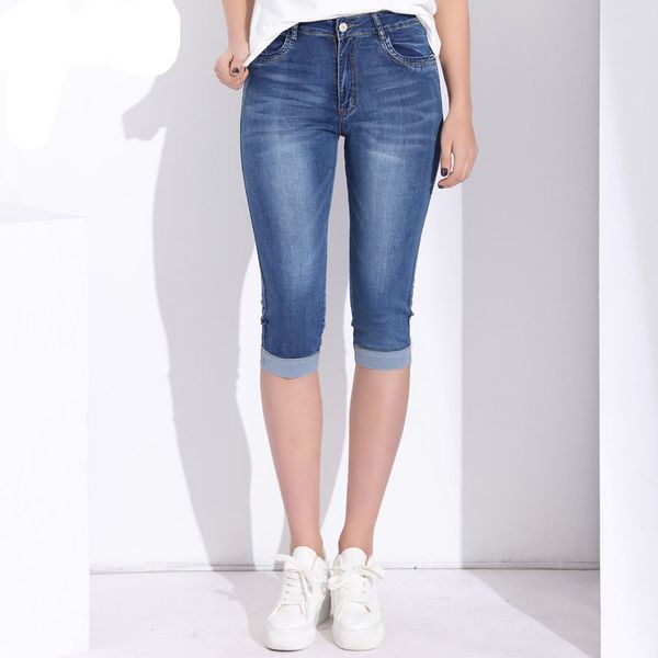 

Plus Size Skinny Capris Jeans Woman Female Stretch Knee Length Denim Shorts Jeans Pants Women With High Waist Summer