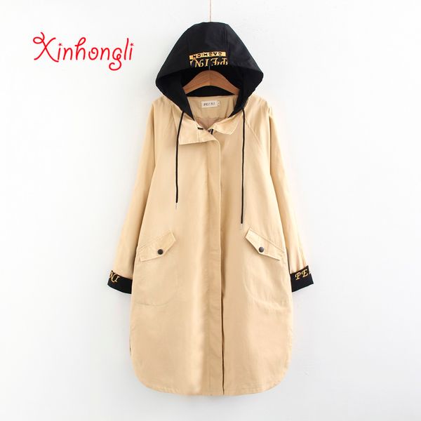 

plus size women embroidery hooded long trench 2019 spring new casual ladies pockets drop shoulder coats female cotton canvas, Tan;black