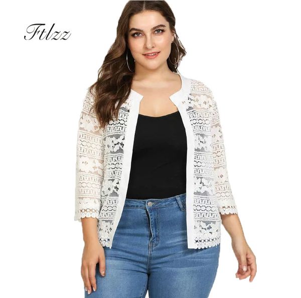 

fashion women lace coat summer slim hollowing out 3/4 sleeved short cardigan ladies plus size white black jacket casacos, Black;brown