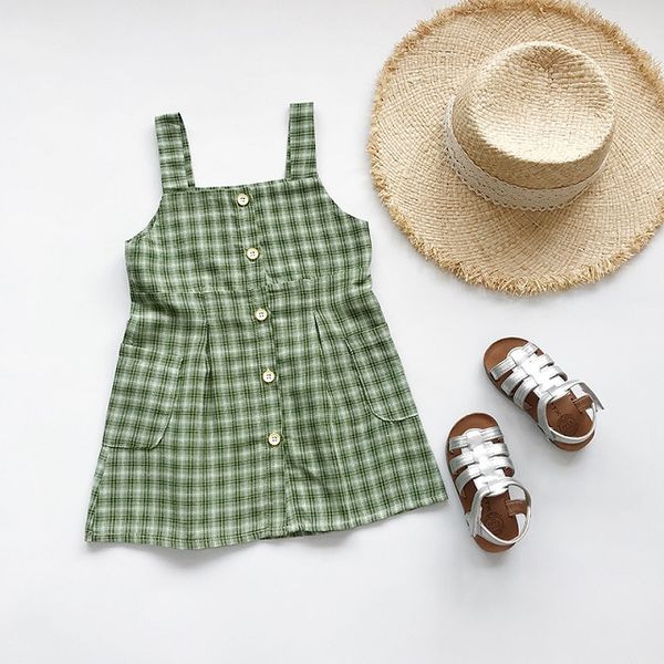 

gril summer plaid dress 2019 brand child clothing girls casual suspender plaid dress with button summer fashion skirts baby girl skirts, Red;yellow