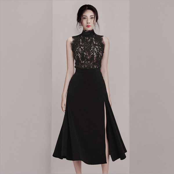 

summer vintage black lace costumes for women elegant sleeveless stand collar and high waist big hem mid skirt two piece set, White