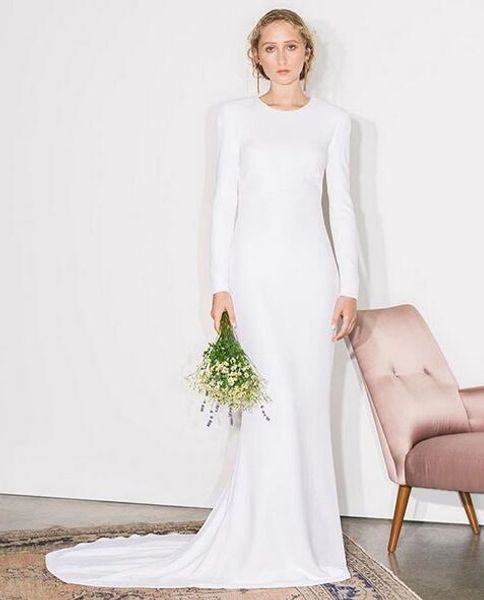

vintage long sleeve satin wedding dresses button back sweep train chapel custom made ivory bridal gowns brautkleid for women, White