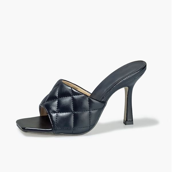 

women square toe slippers woman sandals women's plaid mules ladies fashion comfort shoes female thin heel plus size 43, Black