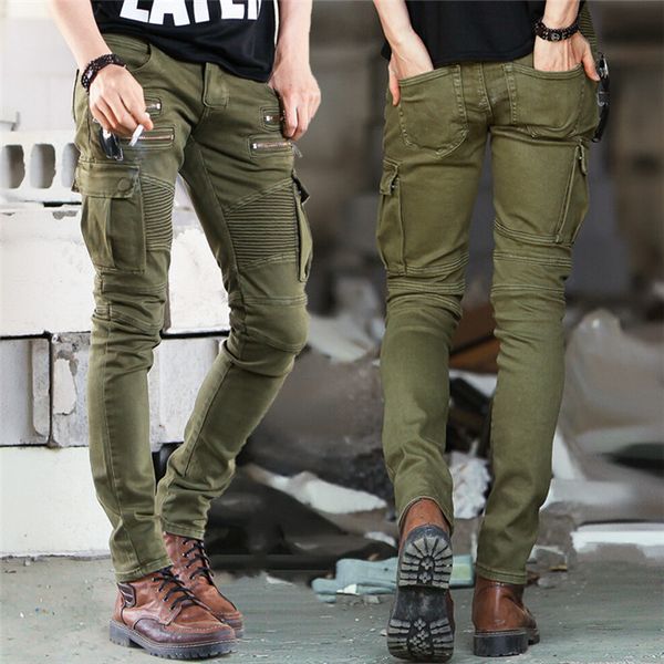 

fashion motorcycle mens straight jeans zipper pleated army green mens jeans with pockets mens long trousers, Blue