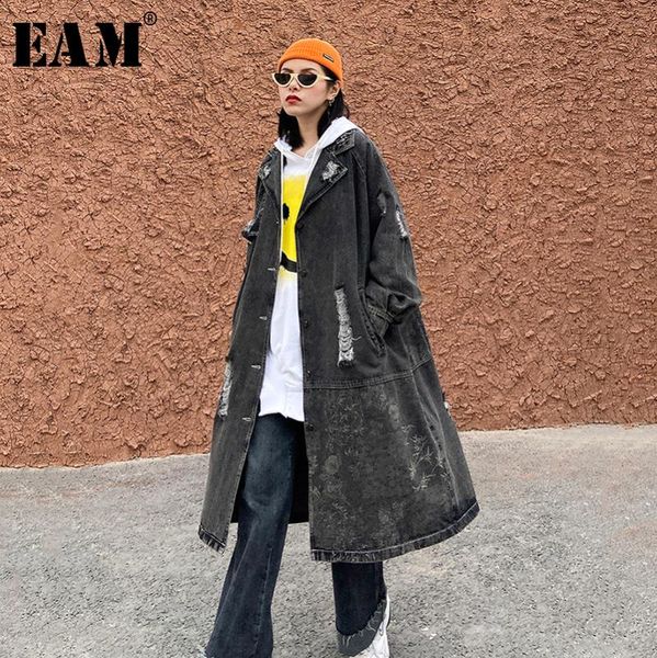 

eam] женщины джинсовый split joint big size long trench new нагрудные длинные рукава свободные fit ветровка мода tide весна 2020 1r44, Tan;black