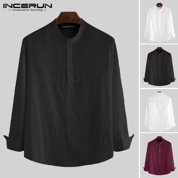 

men's casual shirts men chinese style long sleeve cotton shirt brand chic solid stand collar 2021 business blouse henley incerun, White;black