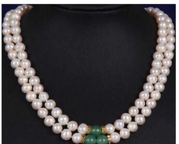 

2row double strands 9-10mm green jade south sea white pearl necklace, Silver