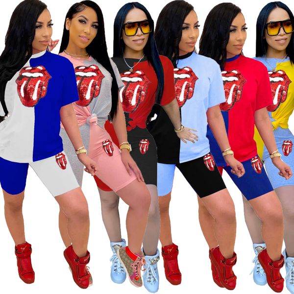 

designer women clothes two pieces sets summer tracksuits tongue sequins print +jogger shorts leggings suit fitness homewear outfit, White